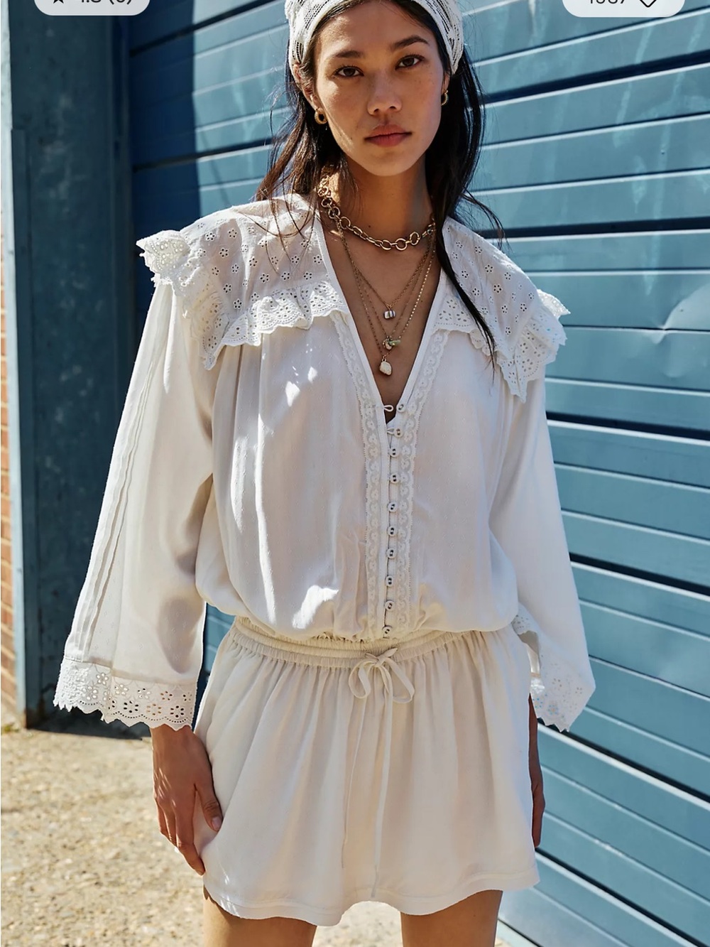 Free People Cream Eyelet Lace V‑Neck Mini Dress
